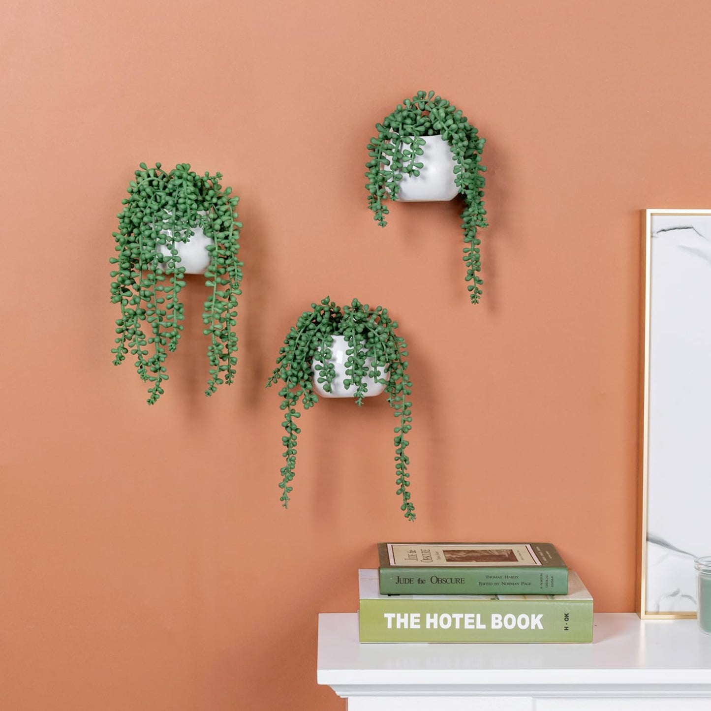 MyGift Artificial Faux String of Pearls Plants in White Ceramic Wall Hanging Planter Pot with Jute Rope, Set of 3