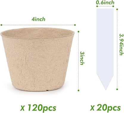 Homenote Peat Pots, 120 Pcs 4 Inch Seed Starting Pots with Drainage Holes Round Nursery Plants Pots with Bonus 20 Plant Labels