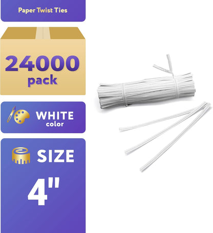 APQ White Metallic Twist Ties for Bags, 4 inches. 24000 Pack Plastic-Coated Bread Twist Ties for Treat Bags. Reusable Bread Ties. Light Metallic Twist Tie. Heavy-Duty Twisty Ties for Bags