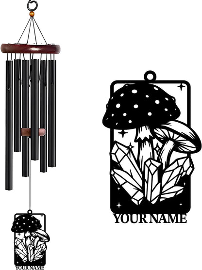 Personalized Customize Name Fantasy Mushroom Wonderland Wind Chime, Metal Iron 37 Inch Outdoor Memorial Gift for Garden Yard Patio Home Decor, Black (Style J)