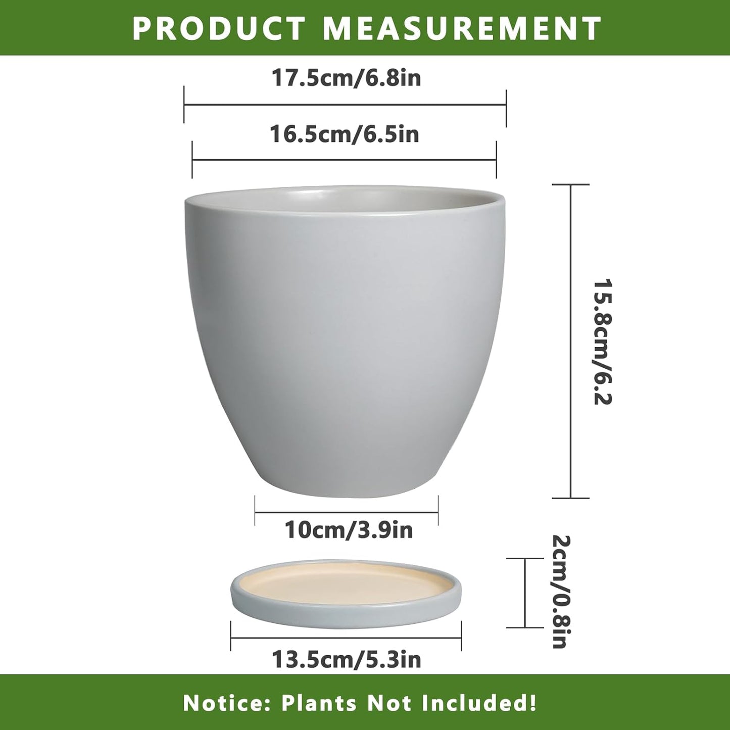 6.8 Inch Planter - Ceraimc Pots for Indoor Outdoor Plants Round Planters Modern Flower Pot with Drainage and Tray Home Garden Decor Gray