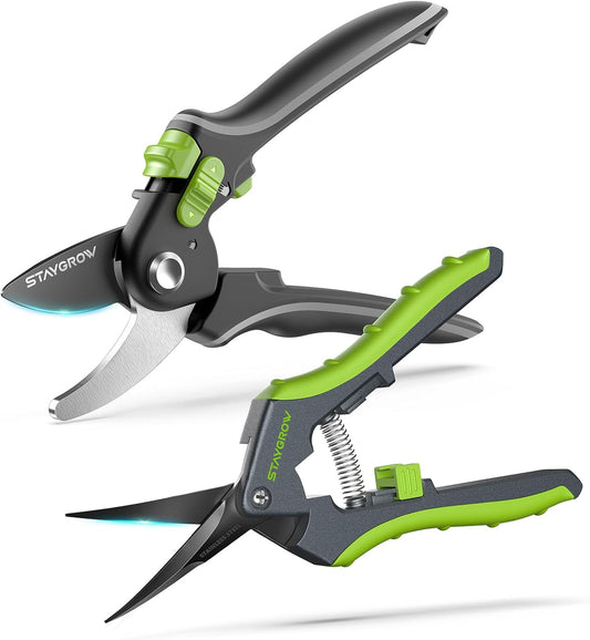 Pruning Shears for Gardening 2 Pack, 8.5" Bypass Garden Clippers and 6.5" Curved Garden Shears, Pruners with Super Sharp Stainless Steel Blades, Safety Lock, Gardening Gifts for Men Women