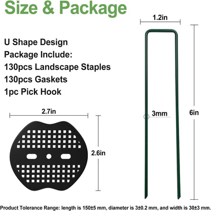FOTMISHU Landscape Staples 6Inch 130Pcs Garden Stakes + 130pcs Gasket, Lawn Pins with Spray Coating Craft,11Gauge Anti-Rust Ground Yard Spikes Anchoring for Outdoor Tents Irrigation Hoses (Green)