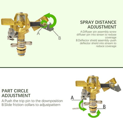 Hourleey 1/2 Inch Brass Impact Sprinkler, Heavy Duty Water Sprinkler Head, Adjustable 0-360 Degree Coverage Pattern, Watering Sprinkler with Nozzles for Large Patio Garden Irrigation (1 Pack)