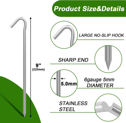 AAGUT Tent Stakes Heavy Duty Metal 9 Inch, 25 Pack Rust-Resistant Galvanized Steel Camping Stake Garden Edging Fence Hooks Yard Tent Pegs for Inflatable, Tarp, Outdoor Christmas Decorations