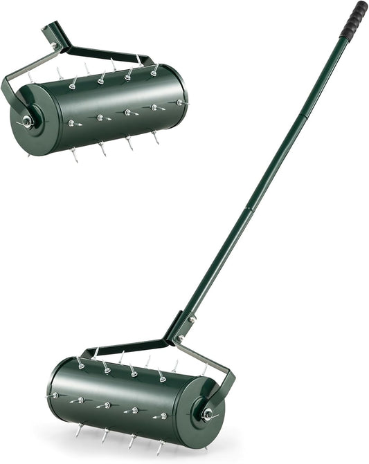 S AFSTAR 18" Manual Lawn Aerator, Heavy Duty Rolling Aerator Lawn Tool Filled Sand Stone with 51" Detachable Handle & Tine Spikes for Soil Loosening, Push Grass Aeration for Garden Yard