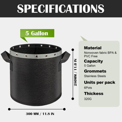 5 Gallon Grow Bags 6 Pack,Fabric Pots 5 Gallon for Healthy Plant Growth - Durable and Reusable Garden Bags to Grow Vegetables,Fruits,and Flowers