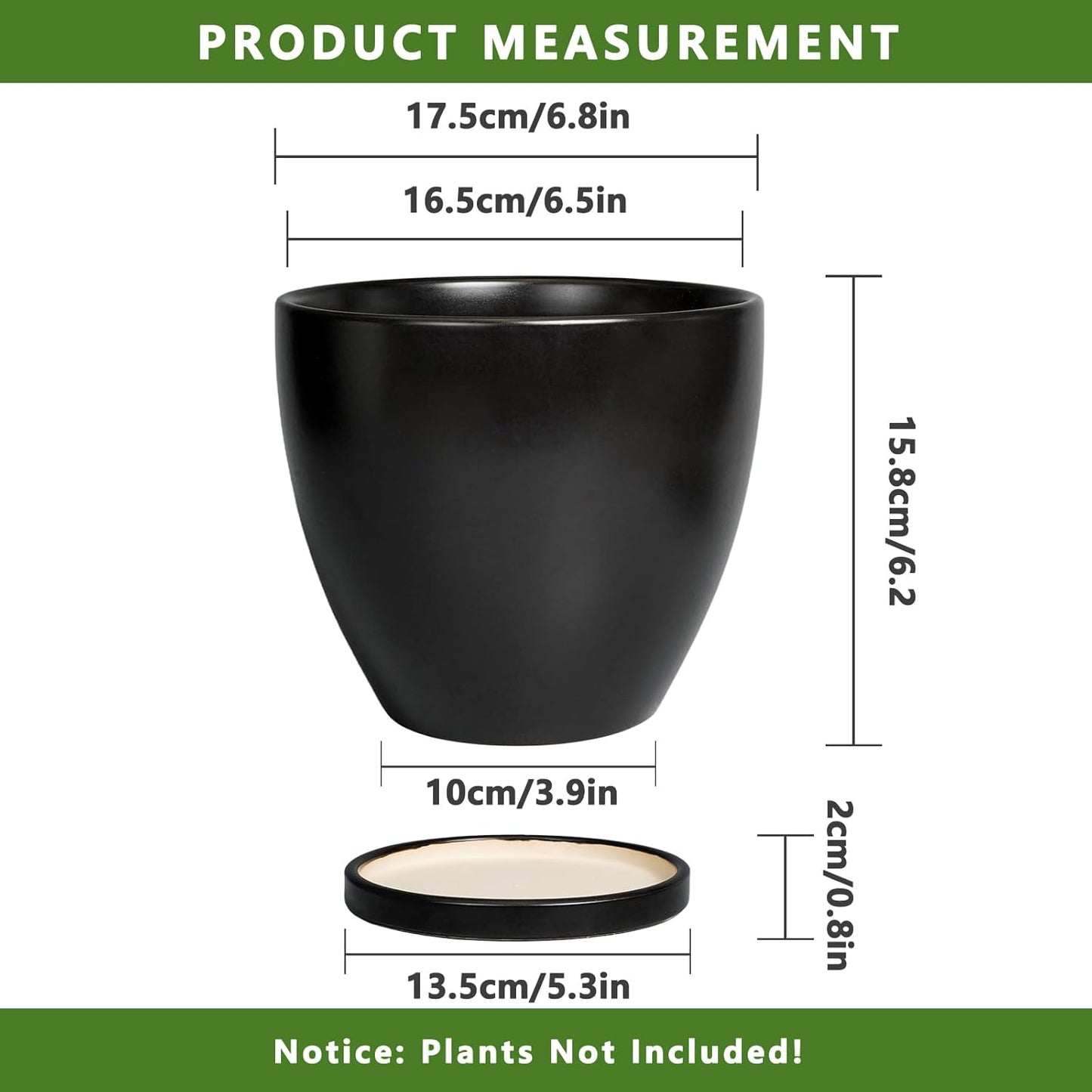 Ceramic Pots for Plants - 6.8 Inch Plant Pot with Drainage Hole and Saucer, Succulent Round Flower Planters for Indoor, Home Decor, Black