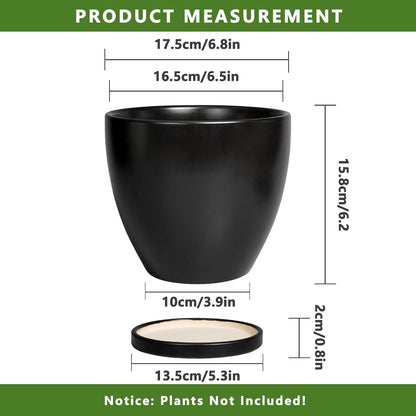 Ceramic Pots for Plants - 6.8 Inch Plant Pot with Drainage Hole and Saucer, Succulent Round Flower Planters for Indoor, Home Decor, Black