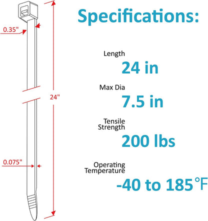 Long Zip Ties Heavy Duty 24 inch, Large Zip Ties with 200 lbs Tensile Strength, Big Cable Ties, Black, 50 Pack, by GAIIAN
