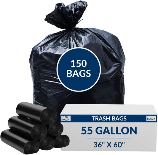 55 Gal Trash Bags | 150 Count | 36" X 60" Black Extra-Large Garbage Bags for Big Jobs