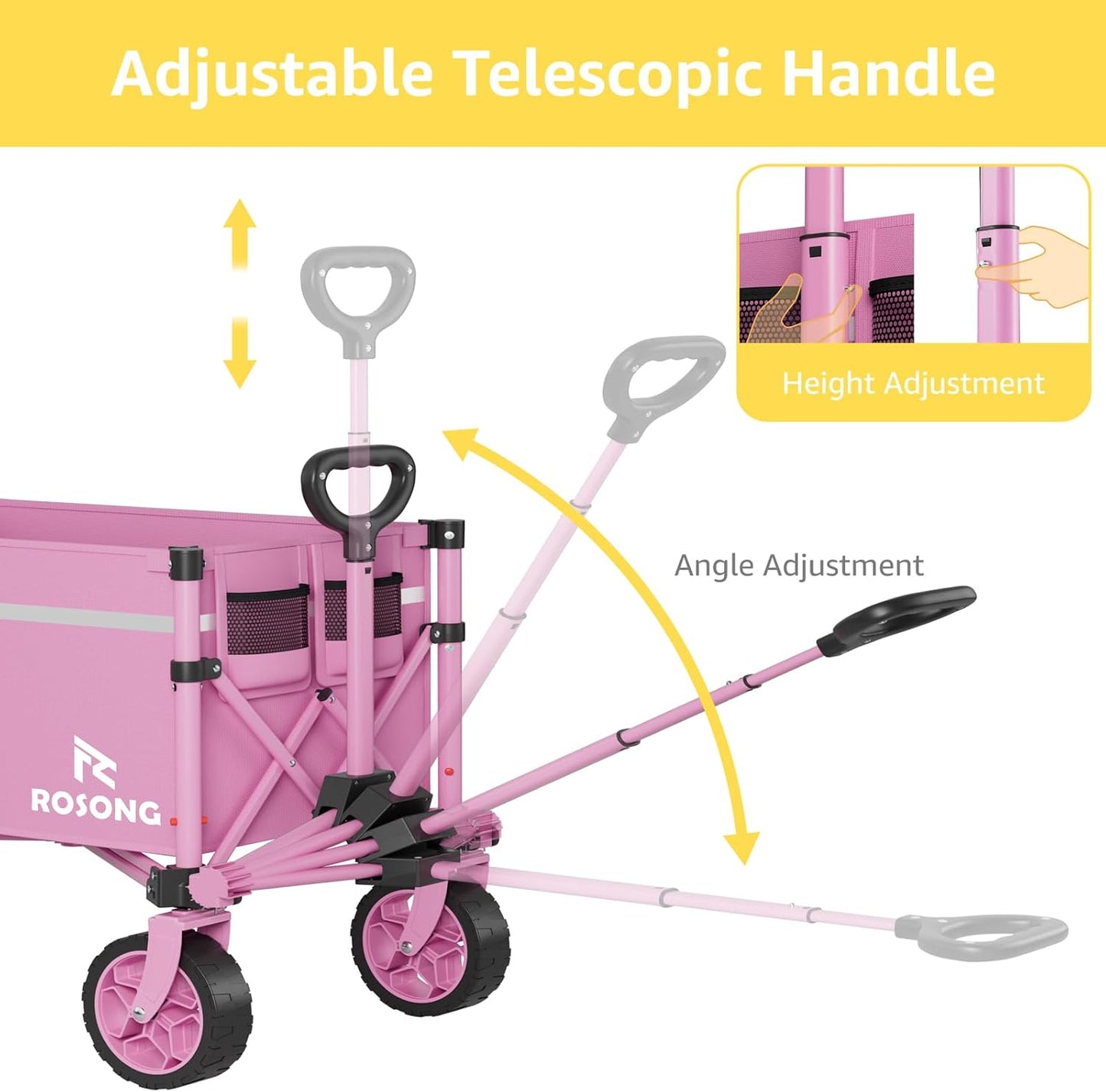 Collapsible Wagon Cart with Wheels Foldable - Folding Utility Heavy Duty Wagons Carts for Grocery Sports Garden Shopping Camping Wheelbarrows (Pink, 90L)