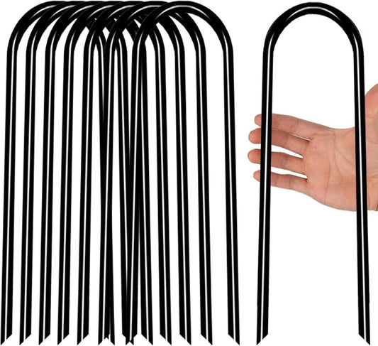 Heavy Duty Trampoline Anchors High Wind U-Shaped Sharp Ends Ground Anchor Galvanized Steel 11.8inch Safety Stakes for Soccer, Tents and Garden Decorations (Black 8pcs)