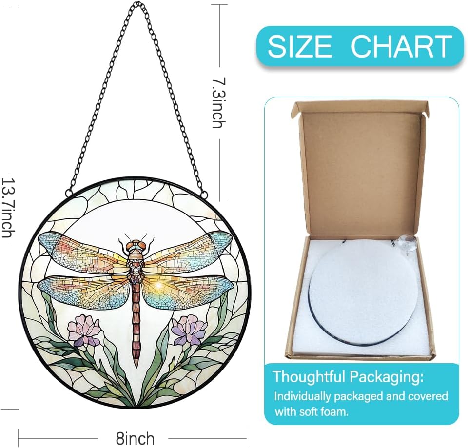 Dragonfly with Flower Suncatcher Stained Glass Window Hanging - 8” Stained Glass Suncatchers for Windows - Sun Catchers Indoor Window Catcher with Hooks and Chain - Birthday Gifts for Mom Grandma