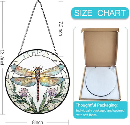 Dragonfly with Flower Suncatcher Stained Glass Window Hanging - 8” Stained Glass Suncatchers for Windows - Sun Catchers Indoor Window Catcher with Hooks and Chain - Birthday Gifts for Mom Grandma