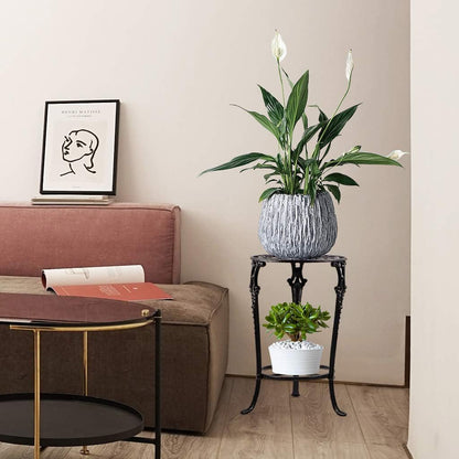 MDLUU Plant Stand 18.8 Inches Tall, Cast Iron Potted Plant Stand, 2-Tier Metal Planter Stand, Flower Pot Stand for Living Room, Bedroom, Kitchen Decor (Black)