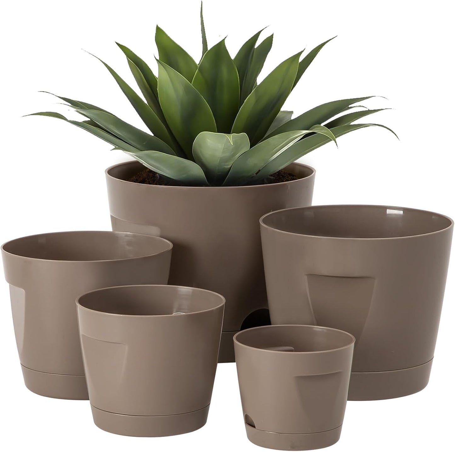 5 Pack Plastic Planters with Drainage, Self Watering Pots for Indoor Plants, Small Cute Plastic Pots in 5 Sizes, Ideal for Indoor Plants (Brown)