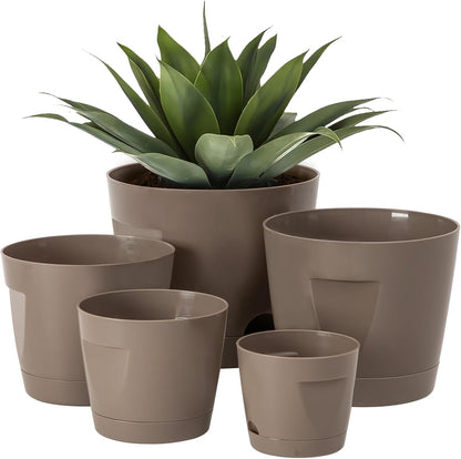 5 Pack Plastic Planters with Drainage, Self Watering Pots for Indoor Plants, Small Cute Plastic Pots in 5 Sizes, Ideal for Indoor Plants (Brown)