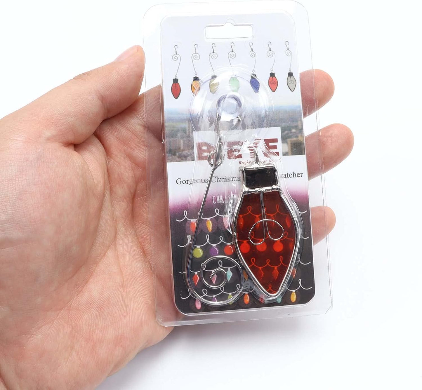 Bieye W10102 7PCS Tiffany Style Stained Glass Window Hangings for Home Decor (Christmas Light Bulb)
