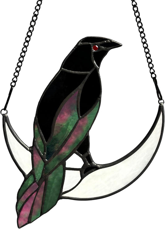 Stained Glass Crow on Moon Decor Window Hangings Ornament, Gothic Raven Suncatcher Halloween