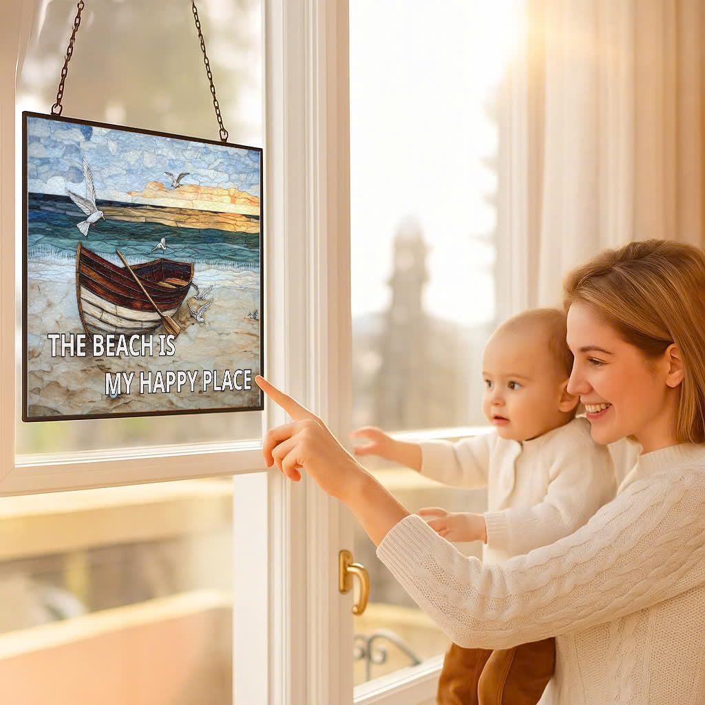 Rectangle The Beach is My Happy Place Stained Glass Suncatcher Window Hanging, Gothic Dragon Christmas Ornaments for Fiction Lovers, Dinosaur Room Decor for Nursery New Home Gifts