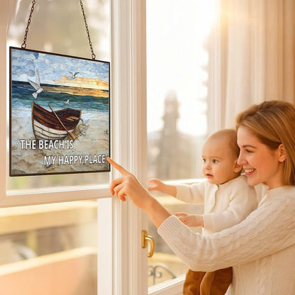 Rectangle The Beach is My Happy Place Stained Glass Suncatcher Window Hanging, Gothic Dragon Christmas Ornaments for Fiction Lovers, Dinosaur Room Decor for Nursery New Home Gifts
