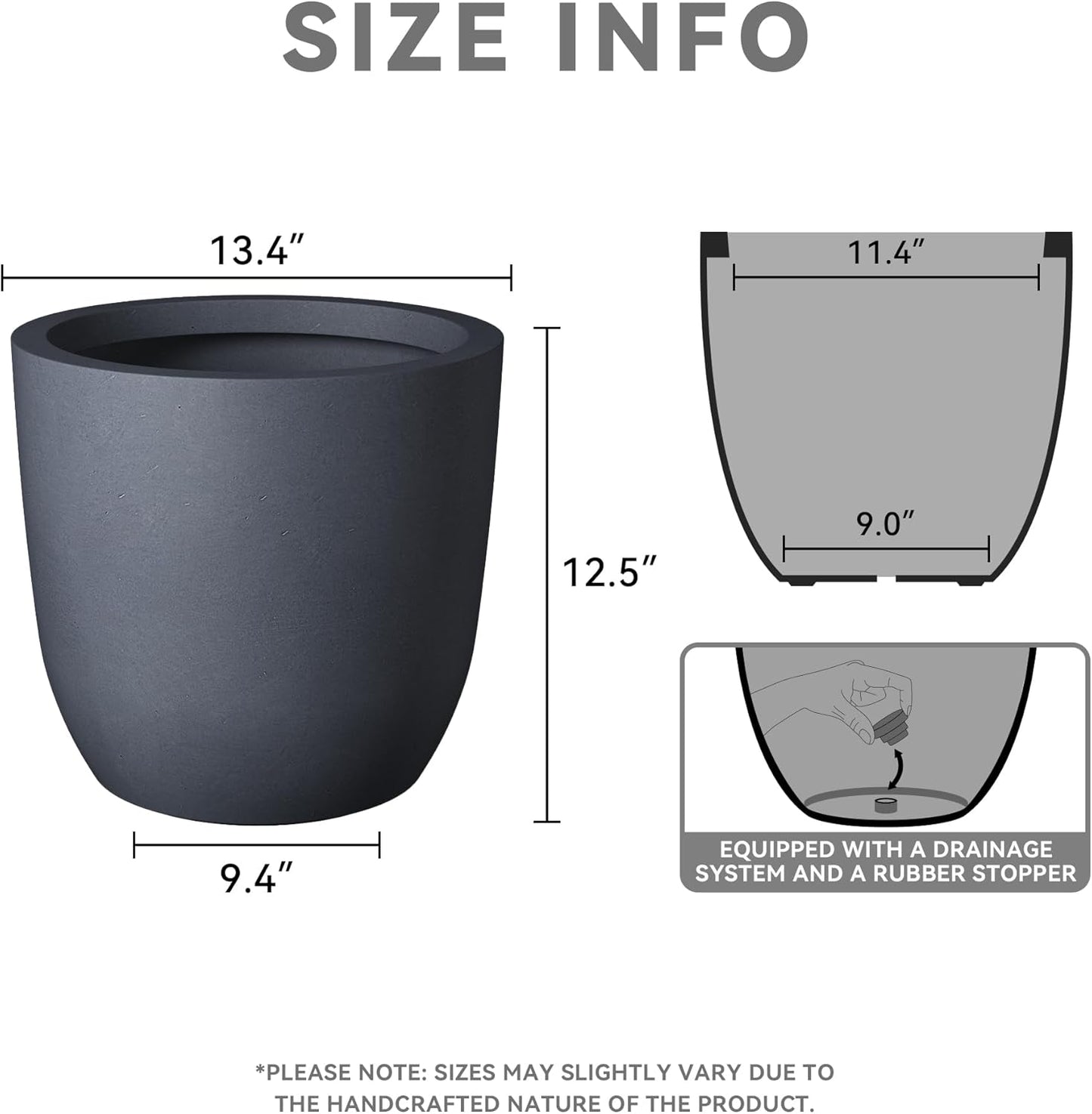Kante 13.4" Dia Round Concrete Planter, Large Outdoor Modern Indoor Decorative Plant Pots with Drainage Hole and Rubber Plug for Home and Garden, Charcoal