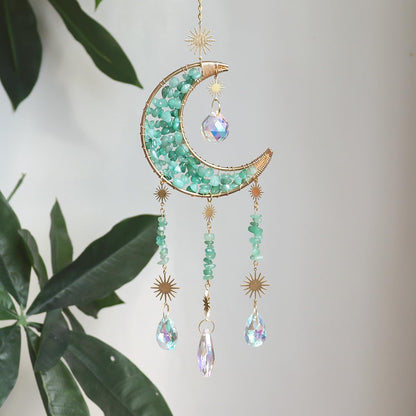 Moon Suncatcher Hanging Decor, Boho Chic Green Aventurine Crystal Sun Catcher, Spritual Sun Light Catcher for Windows, Crescent Moon Housewarming Gift (Aventurine)