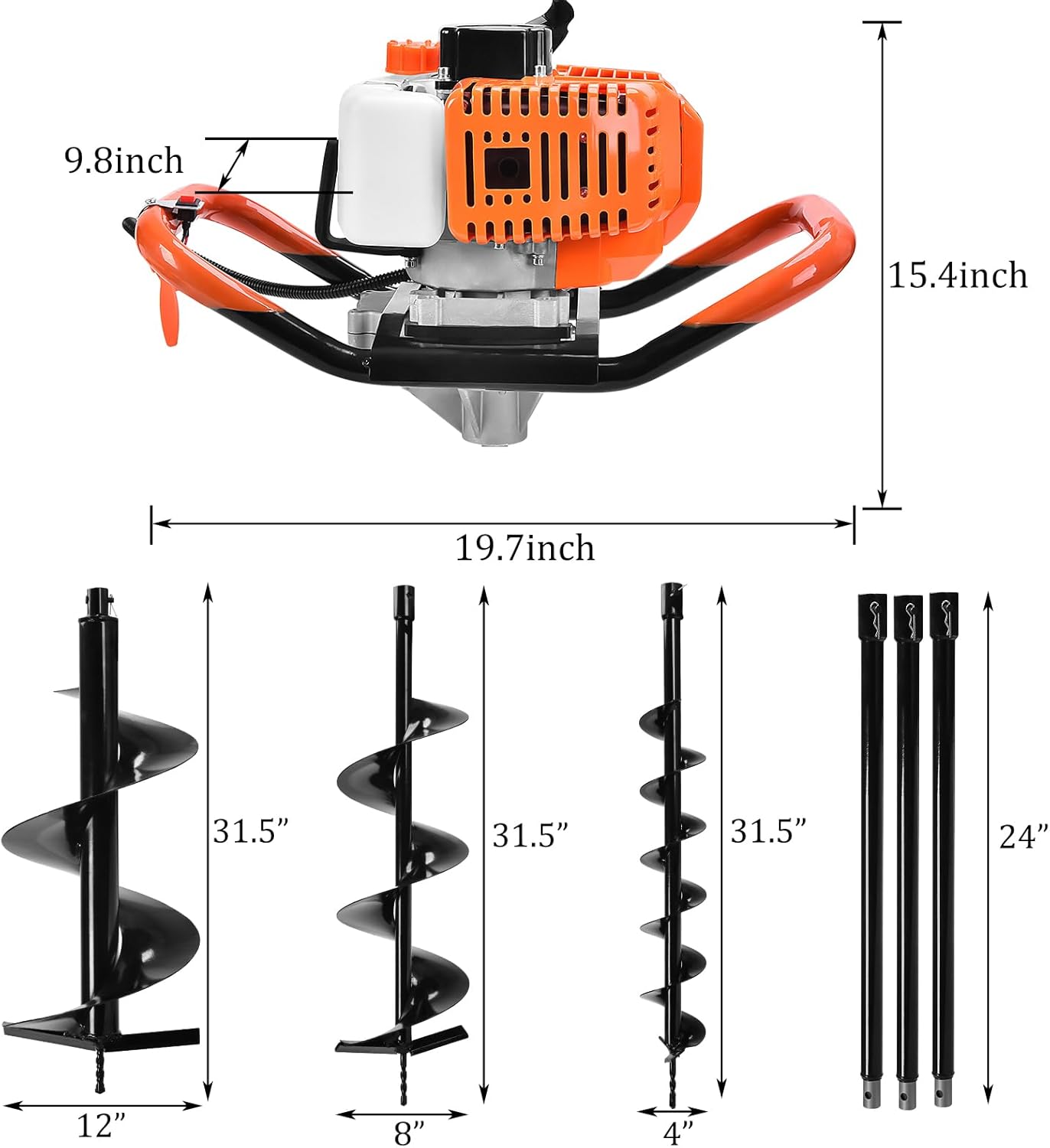 Post Hole Digger,72CC Auger Post Hole Digger Gas Powered Auger with 3 Earth Drill Bits 4" & 8" & 12", 3 Extension Rods for Fence Garden Farm Plant,EPA Certification