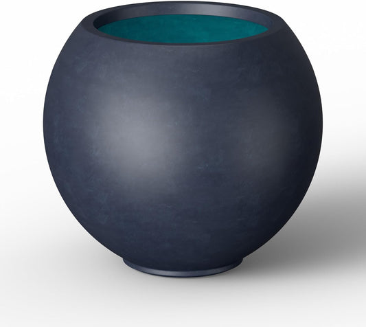 Kante Round Concrete Flower Pot, 19.3 Inch Dia (14" Opening) Sphere Shape Design Planter with Drainage Hole and Rubber Plug for Indoor & Outdoor Plants, Charcoal Finish with Forest Green Interior