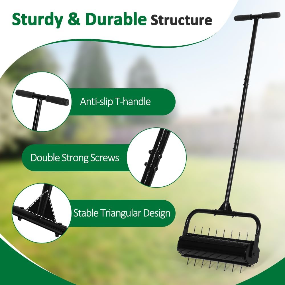 SMONTER Manual Lawn Aerator, 22” Heavy Duty Rolling Aerator Lawn Tool for Yard Garden, Aeration Tool with Spike Soil Penetrator