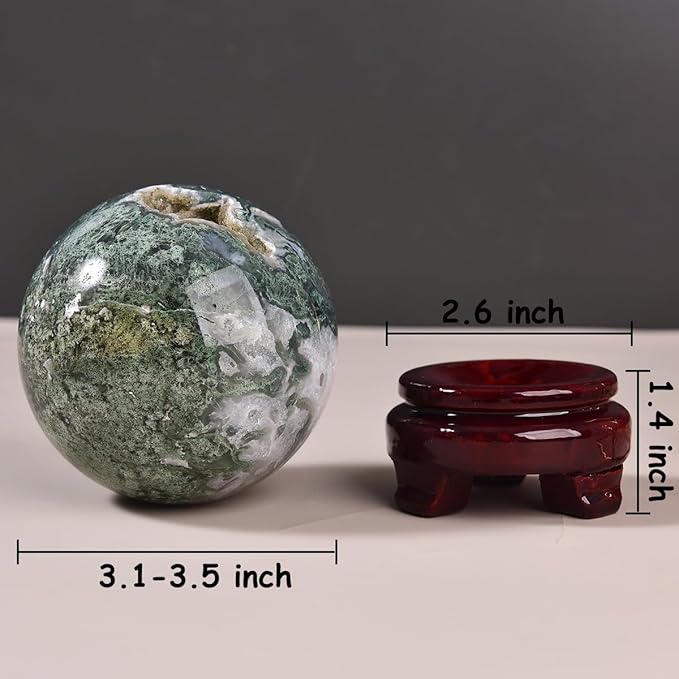 Large Moss Agate Crystal Sphere Natural Healing Crystal Ball with Stand Meditation Decorative Balls Home Decor 80-90mm/3.1-3.5"