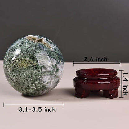 Large Moss Agate Crystal Sphere Natural Healing Crystal Ball with Stand Meditation Decorative Balls Home Decor 80-90mm/3.1-3.5"