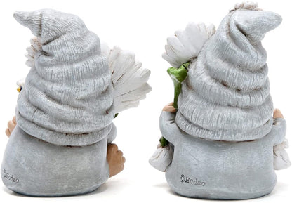 Hodao Set of 2 Spring Gnome Decorations Flower Gnomes Ornaments Decor Summer Outdoor Figurines Spring Elves for Porch, Garden Yard, Flower Bed Garden Gifts for Women, Mom (Grey)