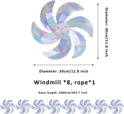 10 Meters of 8 Pieces Reflective Pinwheels Strings, Sparkly Hanging Scare Bird Deterrent Windmills, Outside Bird Repellent Wind Spinners Deterrent Birds Away from Yard Garden Patio Farm