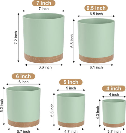 Plant Pots with Drainage Holes and Saucers – 7, 6.5, 6, 5, 4 Inch Plastic Planters for Indoor Outdoor Plants, Modern Matte Finish, Lightweight & Durable（Green）