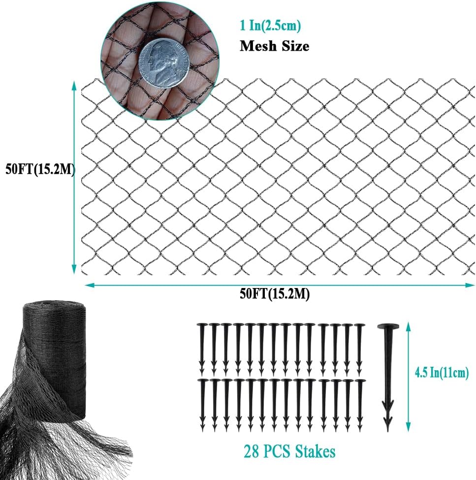 Koi Pond Netting for Leaves 50x50 Ft, 1 in Strong Woven Pond Leaf Net Cover, Protecting Koi Fish from Herons, Raccoons, Birds, Cats & Predators, 28 Pcs Stakes Included