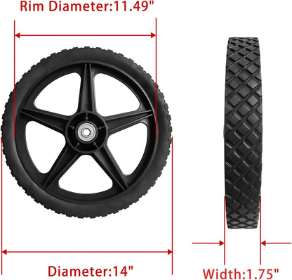 Parts Camp 14" Spoked Plastic Wheel and Tire 14 x 1.75'' Lawn Mower Wheels Kits For Push Mowers/Hand truck tires/Tool carts/Garden cart/Pressure Washer/Generator/Wheelbarrow/Dolly Wheel(Set of 2)