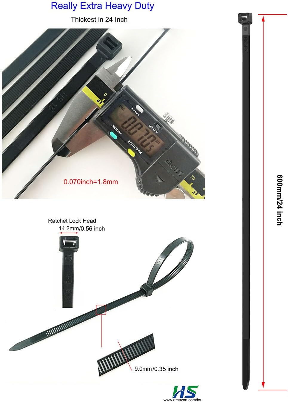 HS 24 Inch Zip Ties Black 200 Pounds Wide Straps (Case of 500 Pack) Nylon PA66 UV Resistant Extra Heavy Duty,Self-Locking Large Long Electrical Plastic Cable Wire Zipties for Outdoor Use,Multi Purpose