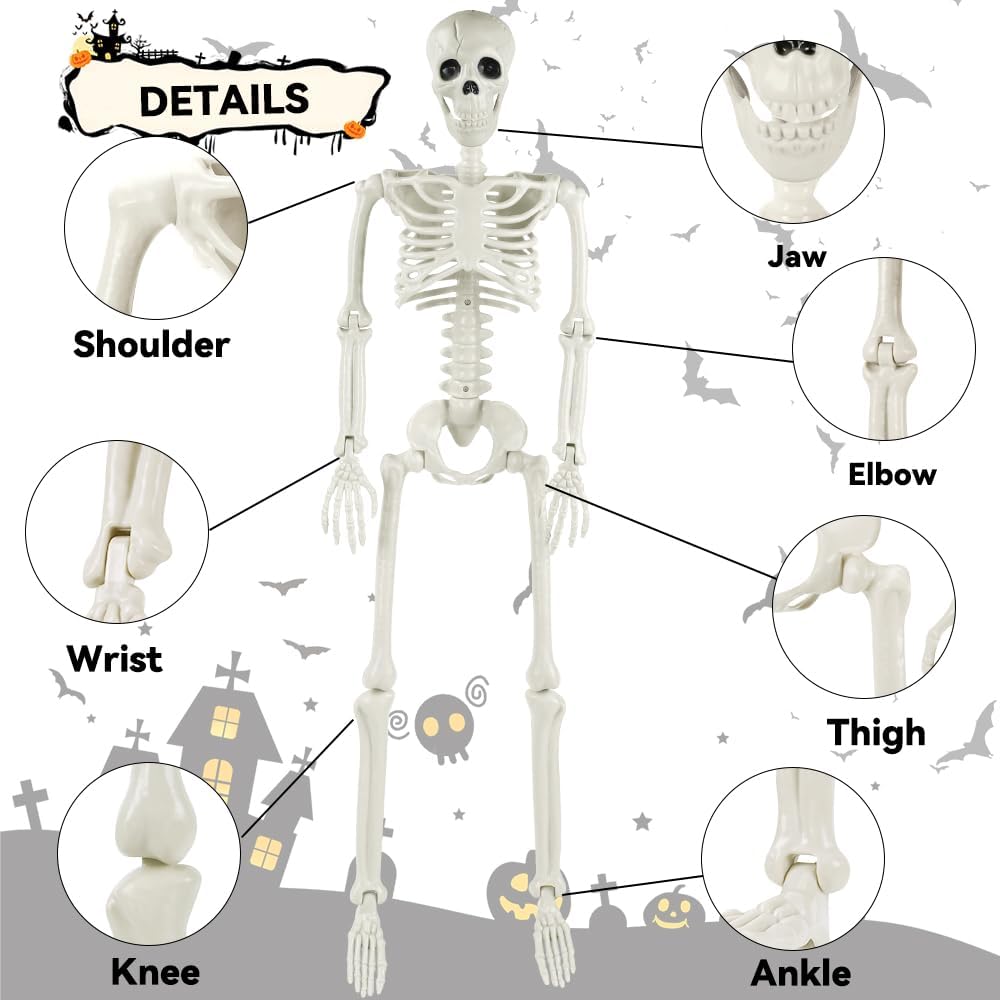 YUJUN 36'' Halloween Skeleton Decoration with Dog Skeleton, 3ft Full Body Posable Skeleton Realistic Plastic Bones Movable Joints for Halloween Party Yard Haunted House Props Indoor Outdoor Decor