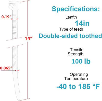 14 Inch Zip Ties Double Sided Toothed,100 LBS Tensile Strength Heavy Duty Cable Wire Ties With Self-Locking Adjustable More Durable Nylon Tie Wraps for Indoor Outdoor（200 Pack）
