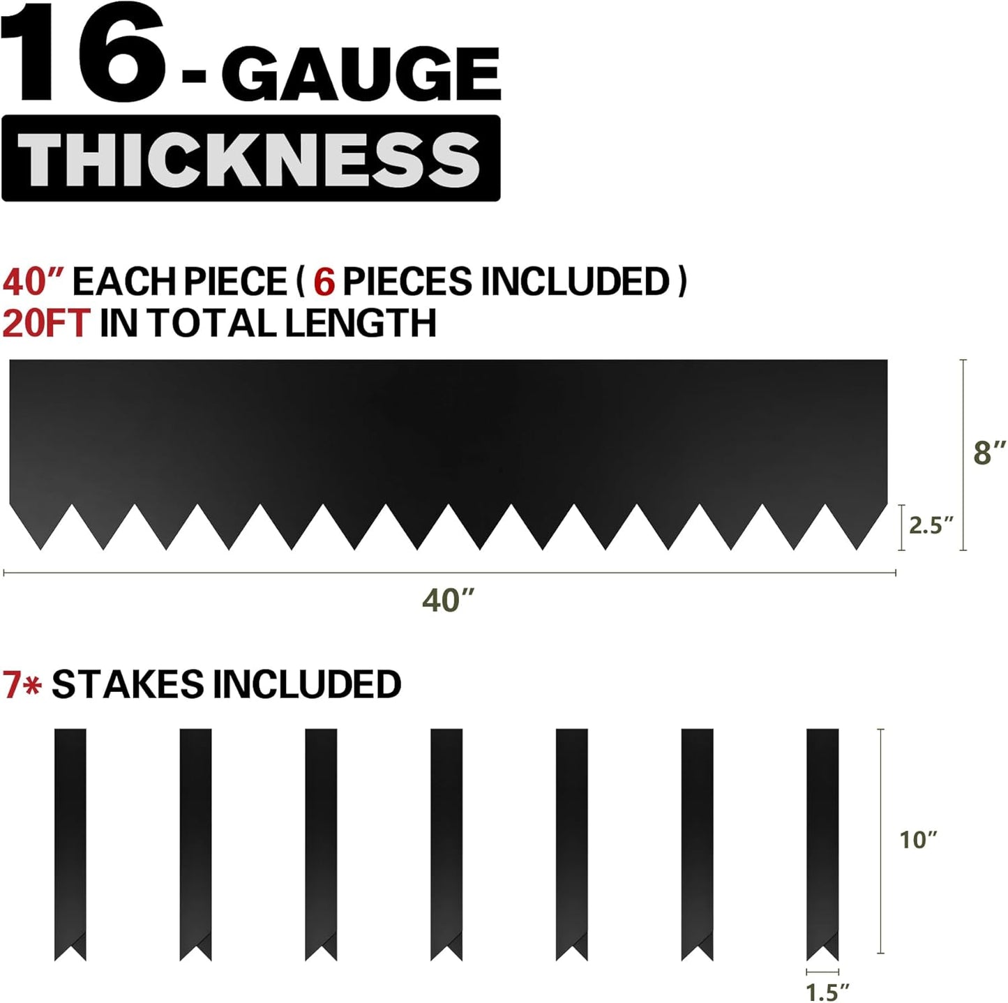 KOL Galvanized Steel Garden Lawn Edging, 6-Pack Black Bendable Metal Landscape Edging Strips - Heavy Duty Hammer-in Border with 7 Clips - 16-Gauge - 40" L x 8" H (20FT Total Length)