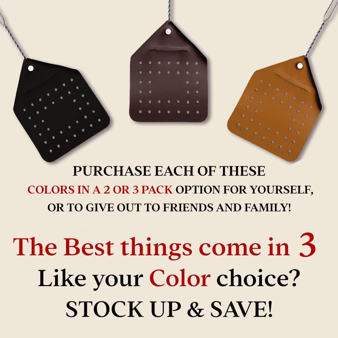 Leather Fly Swatter Set (3 Pack) – 17” Amish-Made Fly Swat w/Real Leather Paddle – Fly Swatters Multi Pack w/Metal Handle – Bug Swatter, Mosquito Swatter, Wasp Swatter (Black)