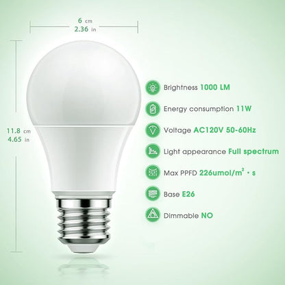 Briignite Grow Light Bulbs, LED Grow Light Bulb A19 Bulb, Full Spectrum Grow Light Bulb, Plant Light Bulbs E26 Base, 11W Grow Bulb 100W Equivalent, Grow Light for Indoor Plants, Seed Starting, 6 Pack