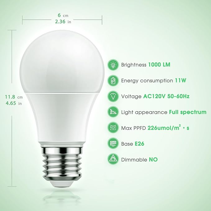 Briignite 4 Pack Grow Light Bulbs, LED White Bulb A19 Bulb, Full Spectrum Plant Bulbs E26 Base, 11W 100W Equivalent, for Indoor Plants, Seed Starting