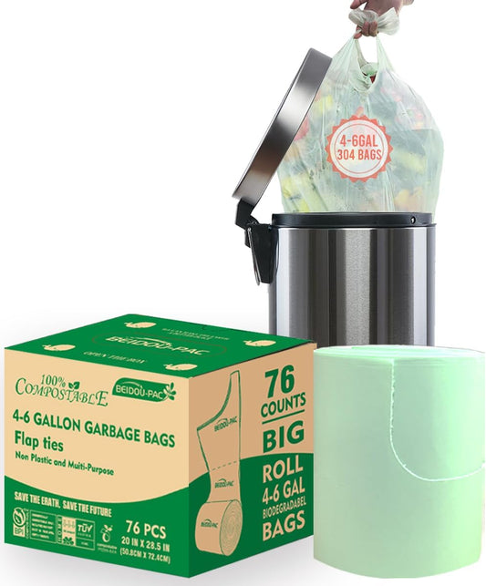 4-6 Gallon Flap Tie Compostable Trash Bags, 76 Count, Kitchen Compost Bags, Sturdy Biodegradable