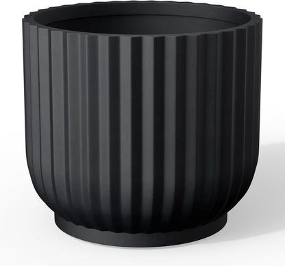 Kante Round Fulted Planter, 11 Inch Dia Large Concrete Plant Pots with Drainage Hole and Rubber Plug, Modern Decor for Indoor Outdoor Plants, Flower, Black