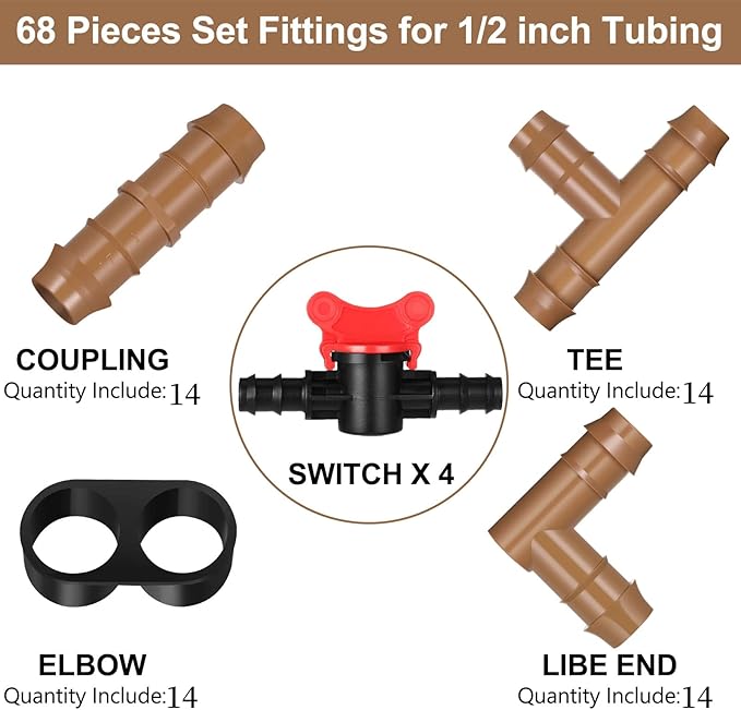 60 Pcs Drip Irrigation Fittings Kit 1/2 Inch Tubing Set Including 4 Switch Valves, 14 Tees, 14 Couplings, 14 Elbows and 14 End Cap Plugs Drip Irrigation Barbed Connectors for Drip or Sprinkler System