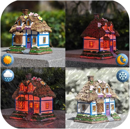 Resin Rustic Fairy Cottage Statues - M-Shaped Thatched Roof Garden Outdoor Decor with Solar Lights, Birthday Gifts for Women Mom Yard Decorations, Gardening Gifts for Patio, Balcony, Porch