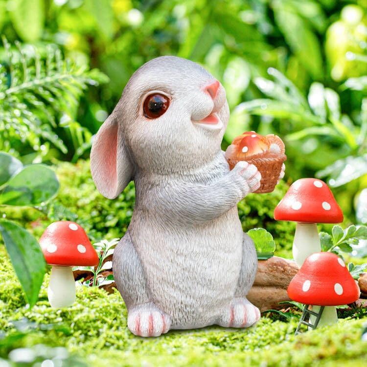 Solar Rabbit Garden Statues Outdoor Bunny Decor Resin Bunny Figurine Holding Mushroom with LED Lights for Porch Patio Lawn Yard Christmas Housewarming Gardening Gifts for Mom Grandma